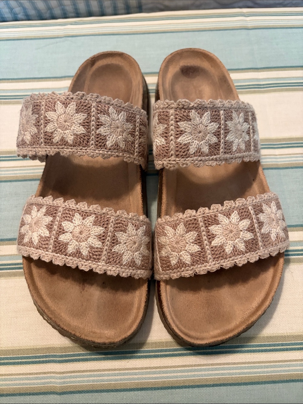 Women’s Beige Crochet Double Strap Slide Sandals